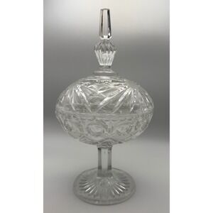 Vintage Clear Pressed Glass Pedestal Candy Dish with Lid Sunburst Diamond Cut